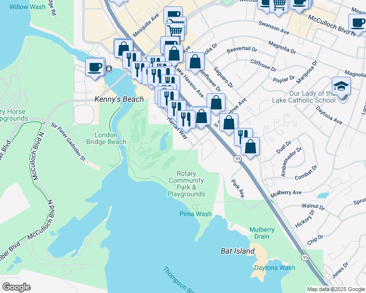 map of restaurants, bars, coffee shops, grocery stores, and more near 1566 Palace Way in Lake Havasu City