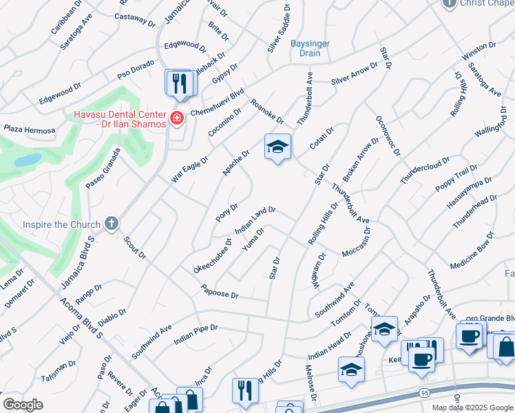 map of restaurants, bars, coffee shops, grocery stores, and more near 2931 Indian Land Drive in Lake Havasu City