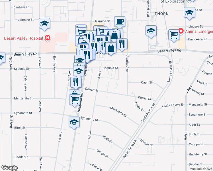 map of restaurants, bars, coffee shops, grocery stores, and more near 11875 A Avenue in Hesperia