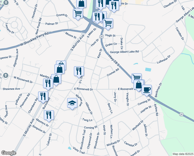 map of restaurants, bars, coffee shops, grocery stores, and more near 3229 Keys Street in Anderson