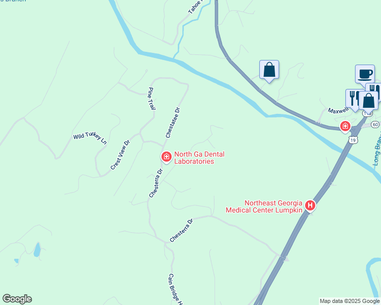 map of restaurants, bars, coffee shops, grocery stores, and more near Panorama Drive in Lumpkin County