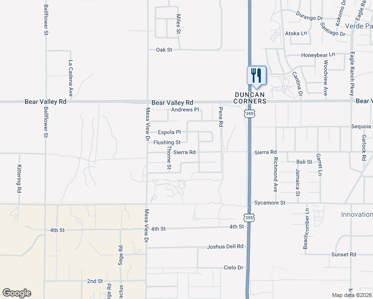 map of restaurants, bars, coffee shops, grocery stores, and more near 11862 Sierra Road in Victorville
