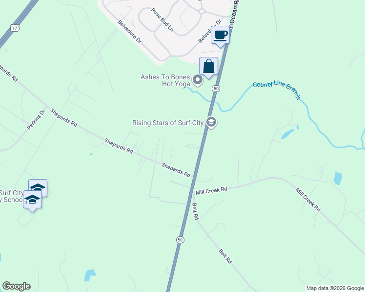 map of restaurants, bars, coffee shops, grocery stores, and more near 12231 North Carolina 50 in Holly Ridge
