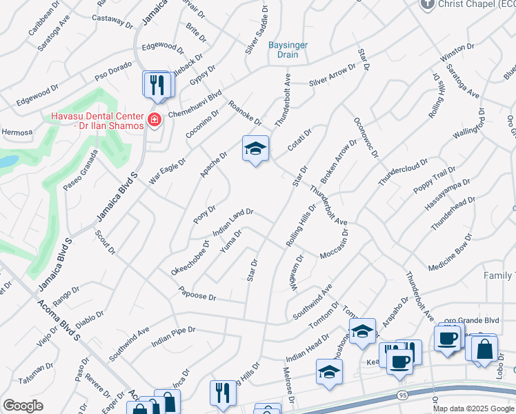 map of restaurants, bars, coffee shops, grocery stores, and more near 2971 Indian Land Drive in Lake Havasu City