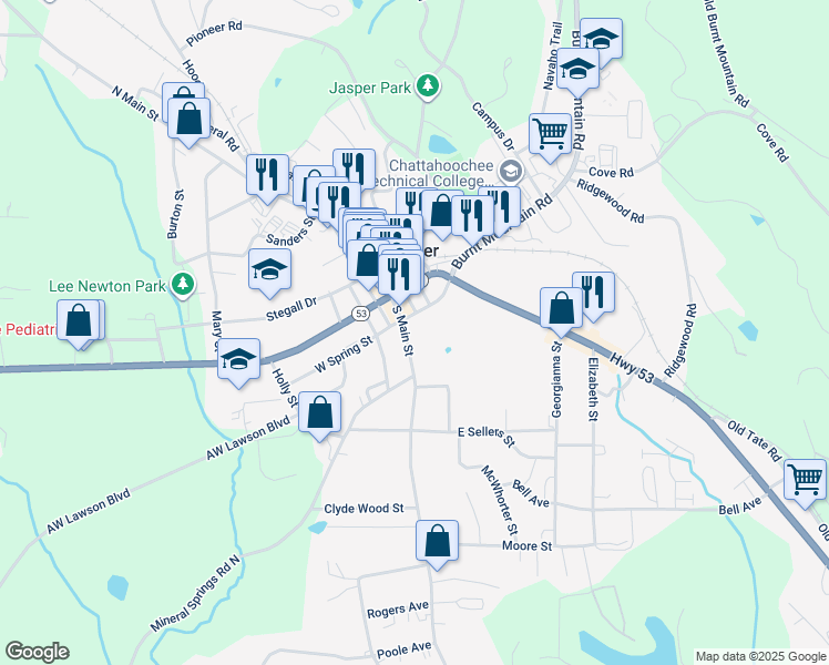 map of restaurants, bars, coffee shops, grocery stores, and more near 81 South Main Street in Jasper