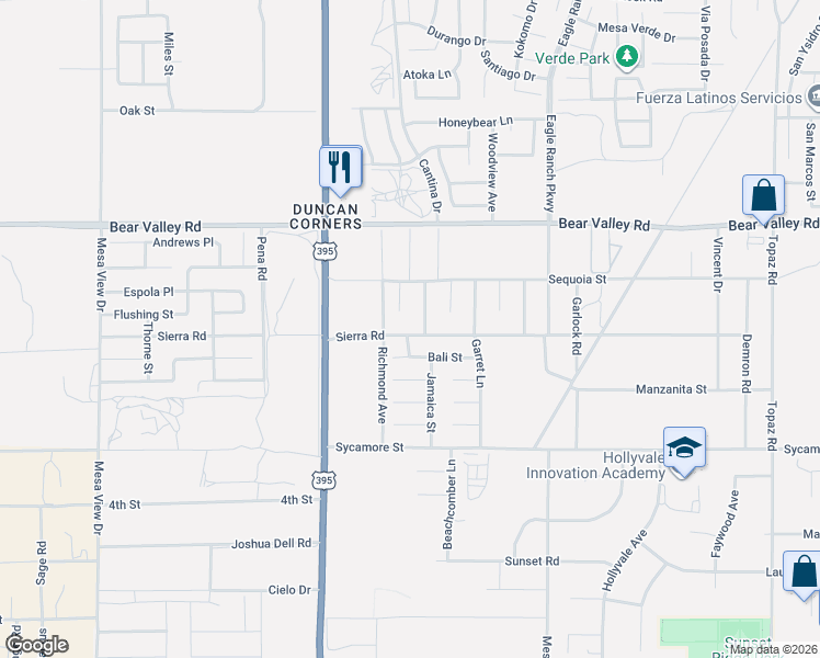 map of restaurants, bars, coffee shops, grocery stores, and more near 12248 Sierra Road in Victorville
