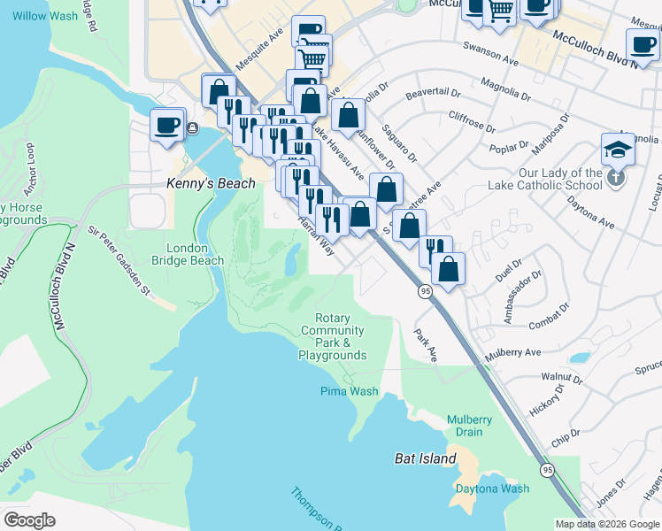 map of restaurants, bars, coffee shops, grocery stores, and more near 1566 Palace Way in Lake Havasu City