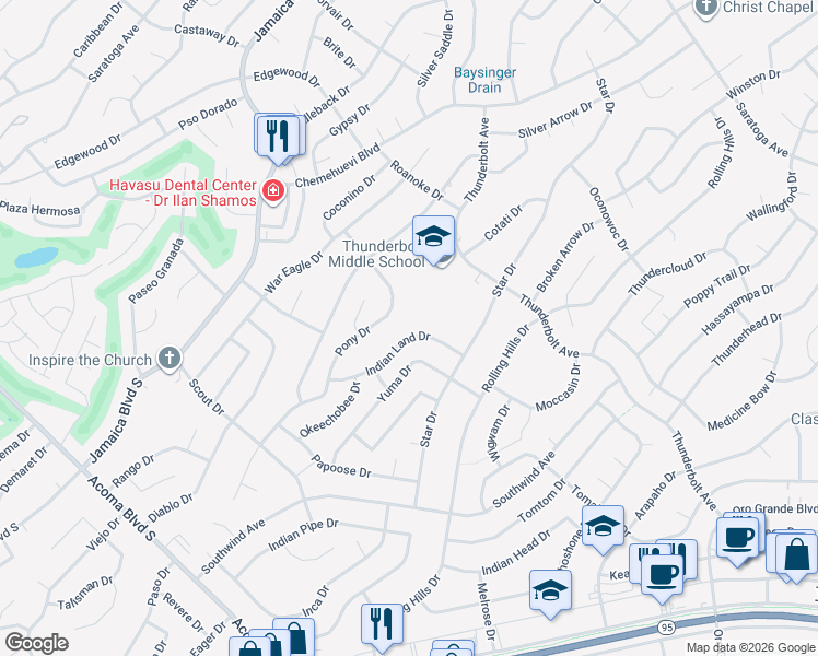 map of restaurants, bars, coffee shops, grocery stores, and more near 2931 Indian Land Dr in Lake Havasu City