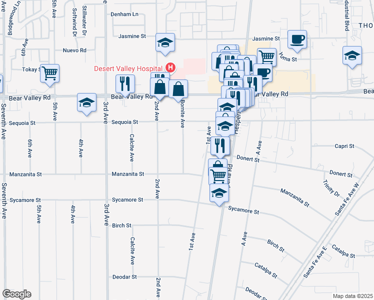 map of restaurants, bars, coffee shops, grocery stores, and more near 11893 Bornite Avenue in Hesperia