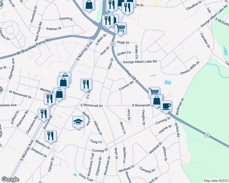 map of restaurants, bars, coffee shops, grocery stores, and more near 122 Rubin Avenue in Anderson