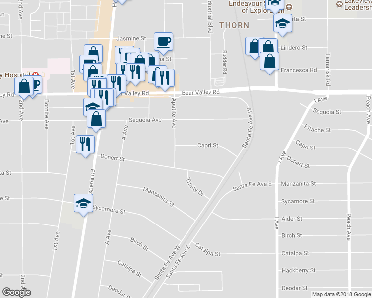map of restaurants, bars, coffee shops, grocery stores, and more near 17339 Capri Street in Hesperia