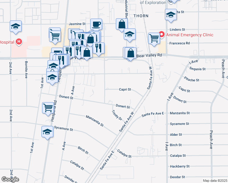 map of restaurants, bars, coffee shops, grocery stores, and more near 17357 Capri Street in Hesperia