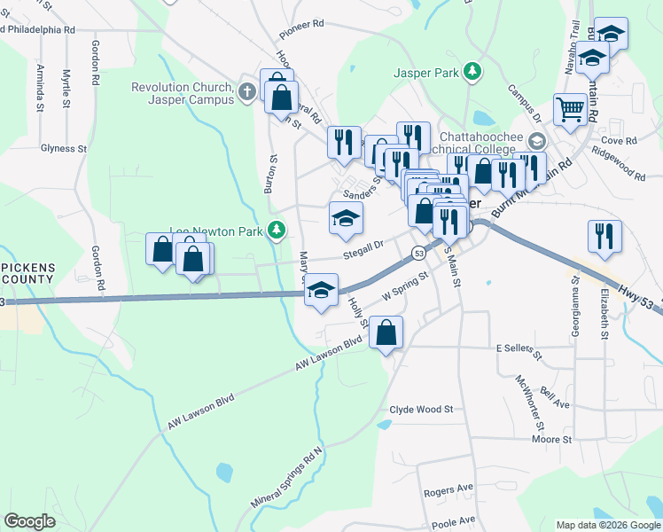 map of restaurants, bars, coffee shops, grocery stores, and more near 287 Stegall Drive in Jasper
