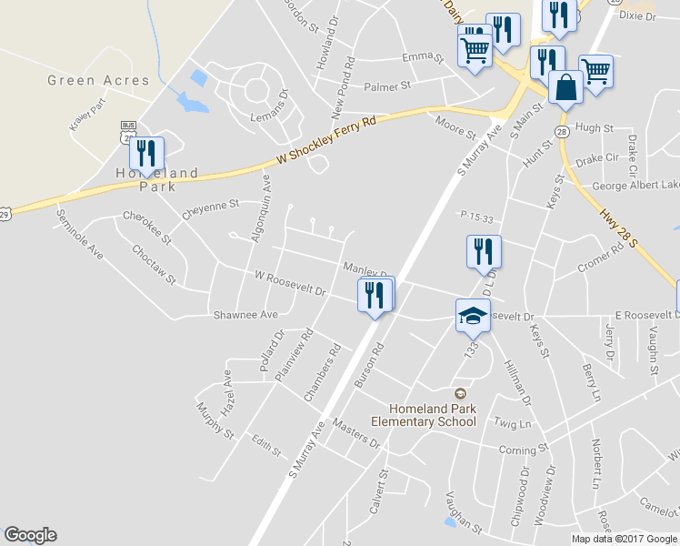 map of restaurants, bars, coffee shops, grocery stores, and more near 227 Manley Drive in Anderson