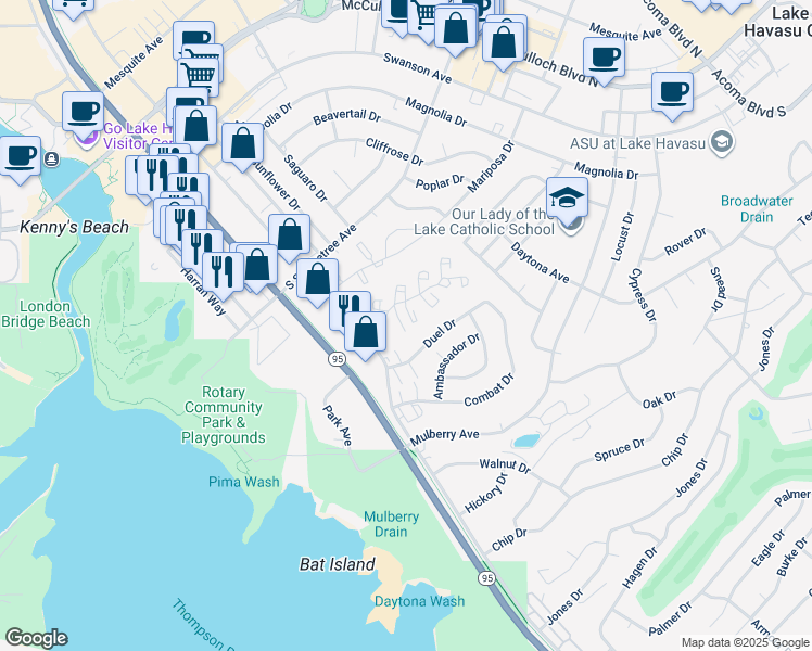 map of restaurants, bars, coffee shops, grocery stores, and more near 1778 Montana Vista in Lake Havasu City