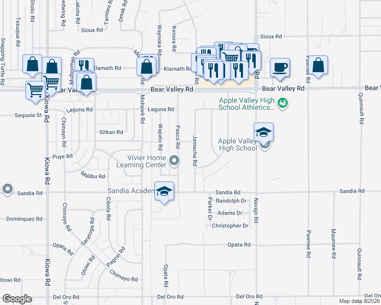 map of restaurants, bars, coffee shops, grocery stores, and more near 11857 Jamacha Road in Apple Valley