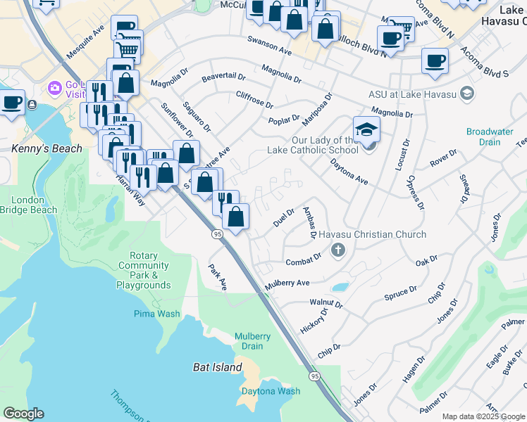 map of restaurants, bars, coffee shops, grocery stores, and more near 1778 Montana Vista in Lake Havasu City