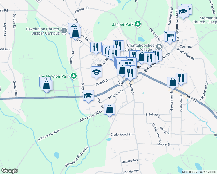 map of restaurants, bars, coffee shops, grocery stores, and more near 85 West Church Street in Jasper