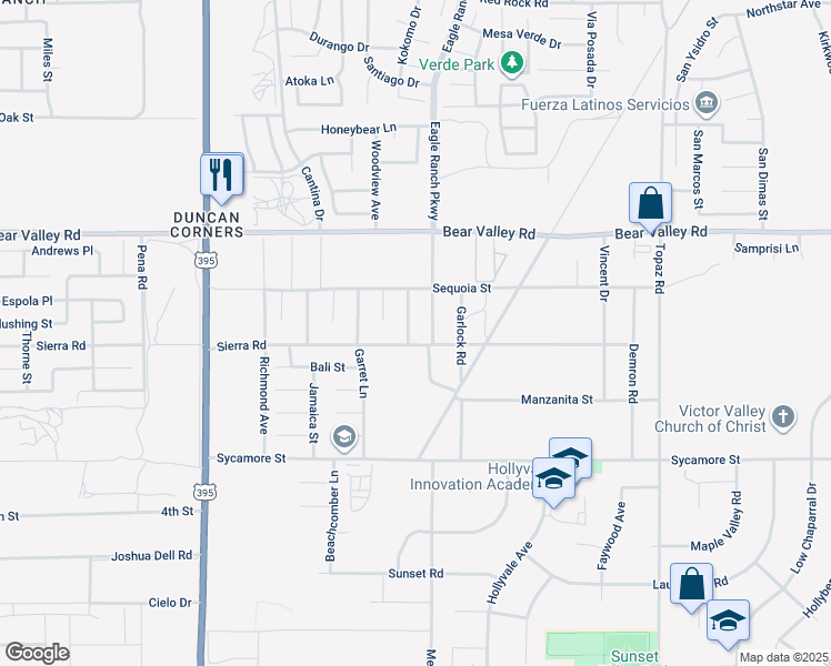 map of restaurants, bars, coffee shops, grocery stores, and more near 11923 Autumn Wind Lane in Victorville