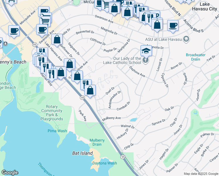 map of restaurants, bars, coffee shops, grocery stores, and more near 1811 Duel Drive in Lake Havasu City