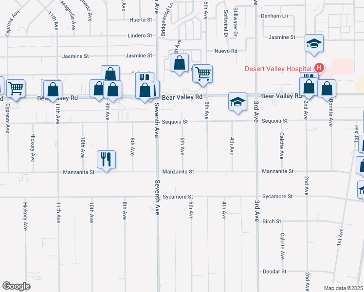 map of restaurants, bars, coffee shops, grocery stores, and more near 10560 6th Avenue in Hesperia