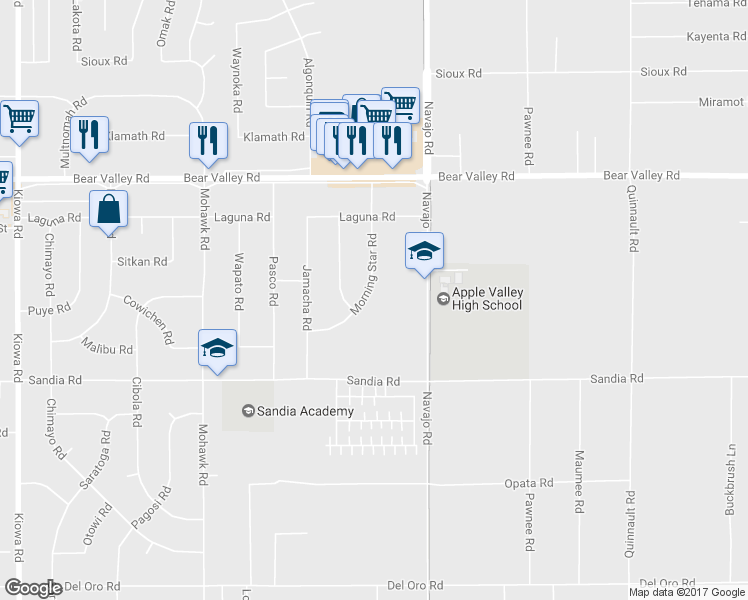 map of restaurants, bars, coffee shops, grocery stores, and more near 11875 Morning Star Road in Apple Valley