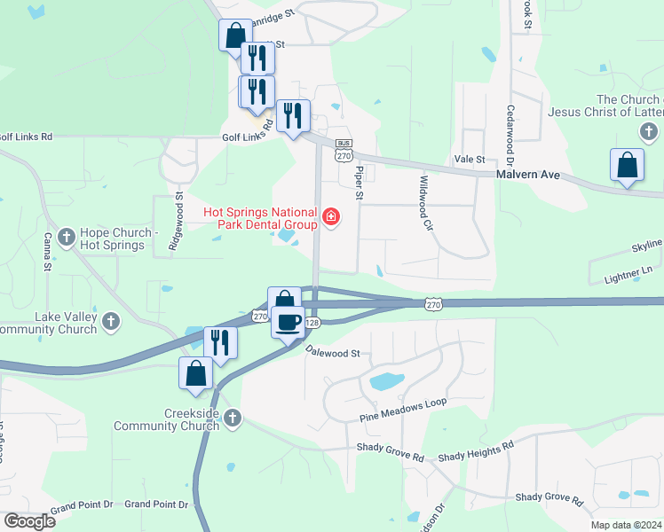 map of restaurants, bars, coffee shops, grocery stores, and more near 103 Karen Street in Hot Springs