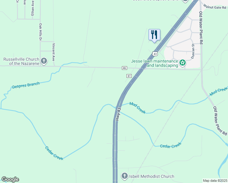 map of restaurants, bars, coffee shops, grocery stores, and more near U Highway 43 in Russellville