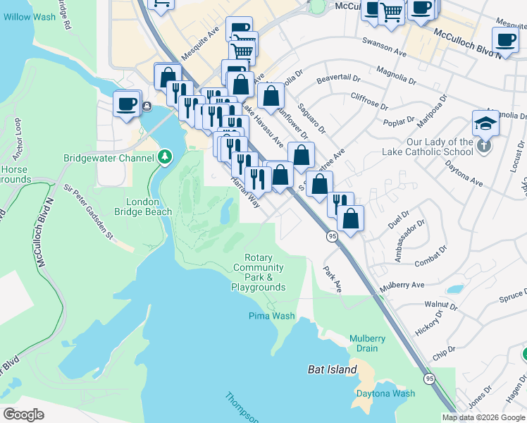 map of restaurants, bars, coffee shops, grocery stores, and more near 1566 Palace Way in Lake Havasu City