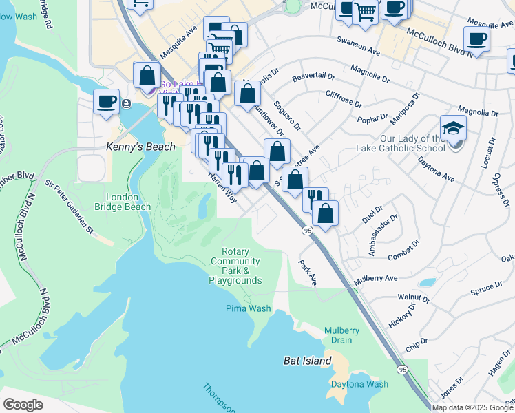 map of restaurants, bars, coffee shops, grocery stores, and more near 1650 South Smoketree Avenue in Lake Havasu City