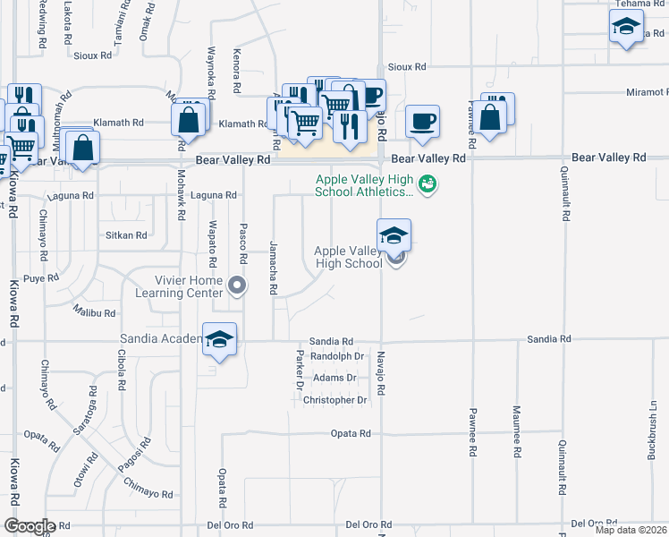 map of restaurants, bars, coffee shops, grocery stores, and more near 11875 Morning Star Road in Apple Valley