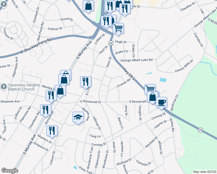 map of restaurants, bars, coffee shops, grocery stores, and more near 122 Rubin Avenue in Anderson