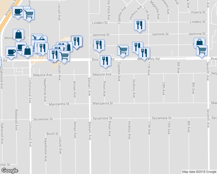 map of restaurants, bars, coffee shops, grocery stores, and more near 11929 Pinon Avenue in Hesperia