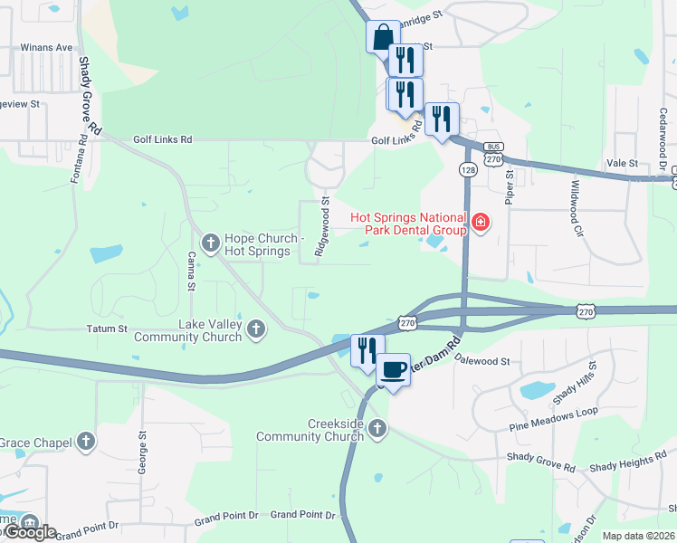 map of restaurants, bars, coffee shops, grocery stores, and more near 106 Parkview Street in Hot Springs
