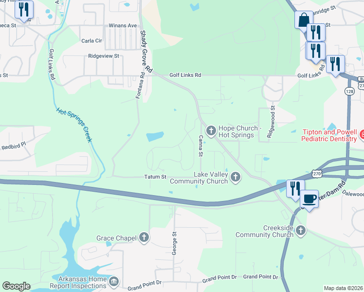 map of restaurants, bars, coffee shops, grocery stores, and more near 205 Lotus Loop in Hot Springs