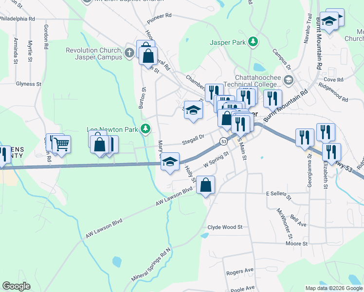 map of restaurants, bars, coffee shops, grocery stores, and more near 287 Stegall Drive in Jasper