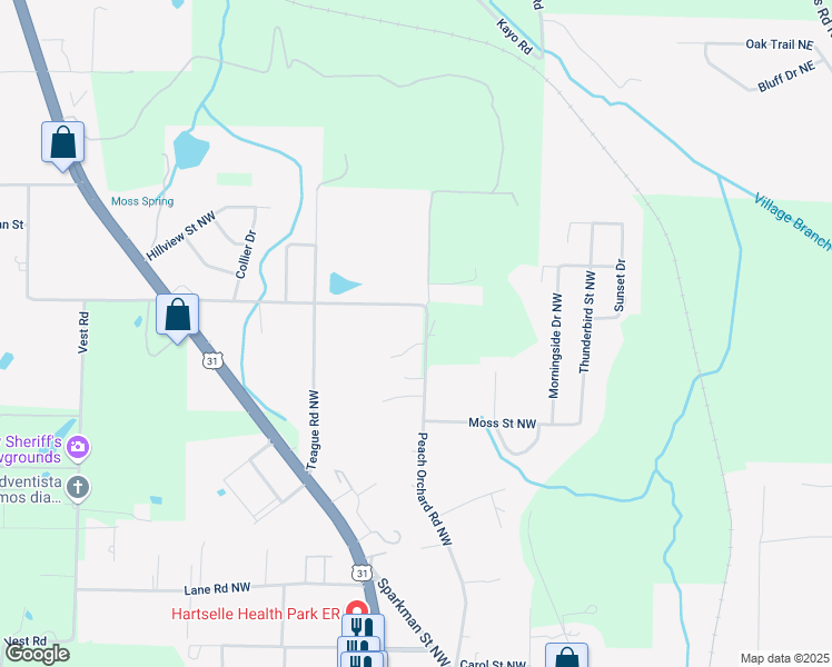 map of restaurants, bars, coffee shops, grocery stores, and more near 1959 Peach Orchard Road Northwest in Hartselle