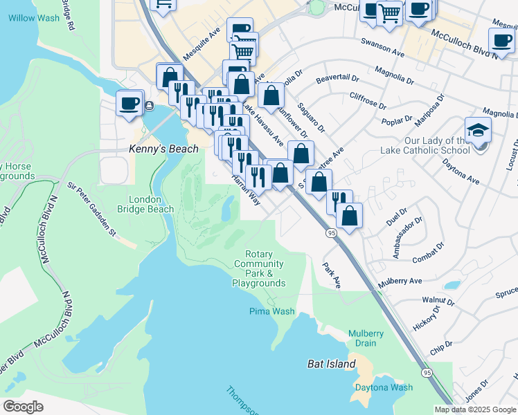 map of restaurants, bars, coffee shops, grocery stores, and more near 1566 Palace Way in Lake Havasu City
