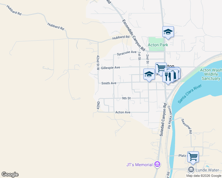 map of restaurants, bars, coffee shops, grocery stores, and more near 31837 41st Street West in Acton