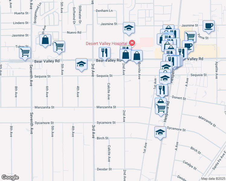 map of restaurants, bars, coffee shops, grocery stores, and more near 11905 Calcite Avenue in Hesperia