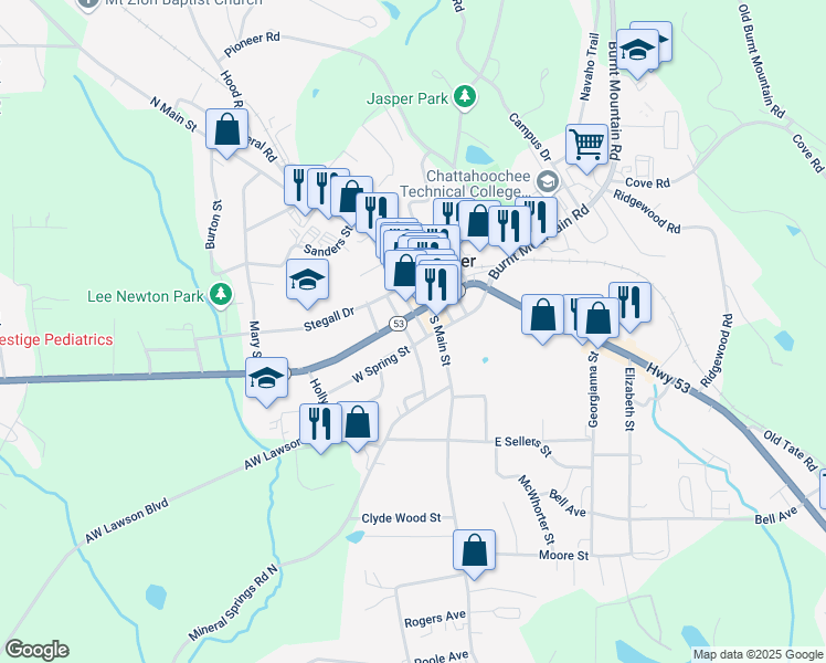 map of restaurants, bars, coffee shops, grocery stores, and more near 69 West Church Street in Jasper