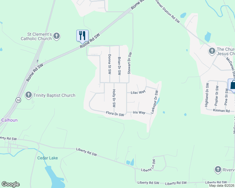 map of restaurants, bars, coffee shops, grocery stores, and more near 140 Holly Drive Southwest in Calhoun