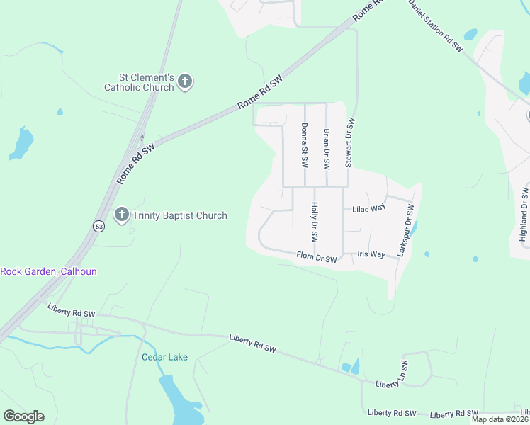 map of restaurants, bars, coffee shops, grocery stores, and more near Flora Drive Southwest in Calhoun