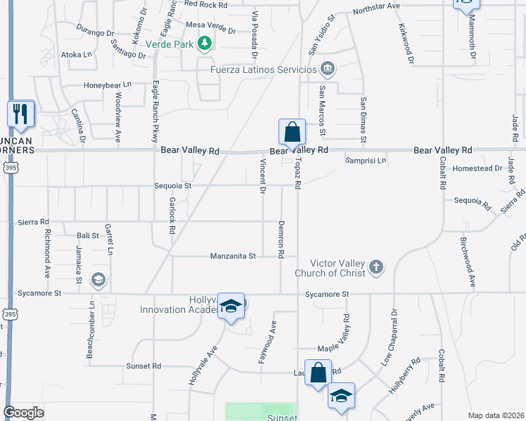 map of restaurants, bars, coffee shops, grocery stores, and more near Vincent Drive in Victorville