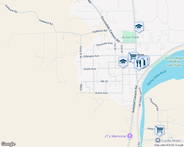 map of restaurants, bars, coffee shops, grocery stores, and more near 31837 41st Street West in Acton