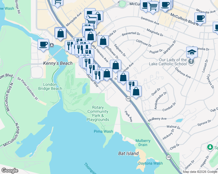 map of restaurants, bars, coffee shops, grocery stores, and more near 1650 South Smoketree Avenue in Lake Havasu City