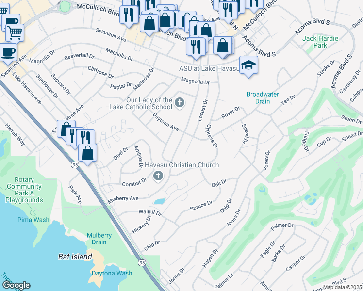 map of restaurants, bars, coffee shops, grocery stores, and more near 242 Mulberry Avenue in Lake Havasu City