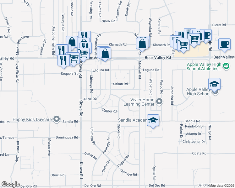 map of restaurants, bars, coffee shops, grocery stores, and more near 21120 Cowichen Road in Apple Valley