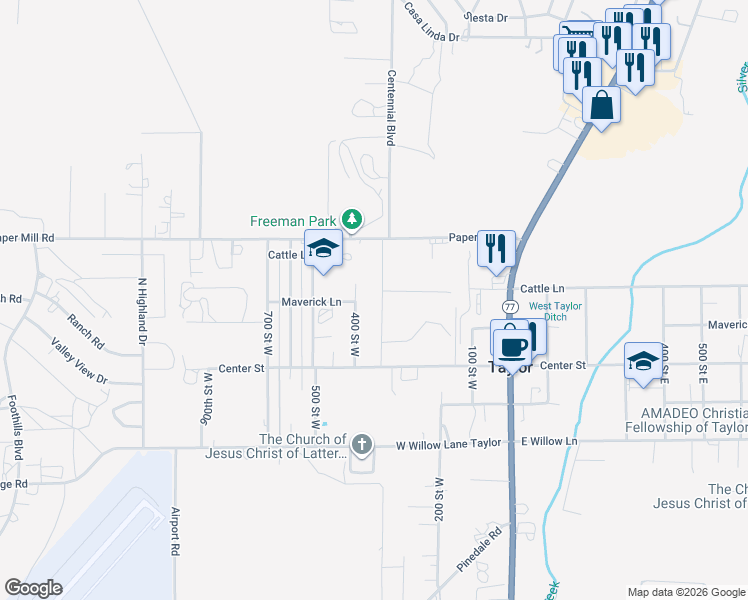 map of restaurants, bars, coffee shops, grocery stores, and more near 45 400 Street West in Taylor