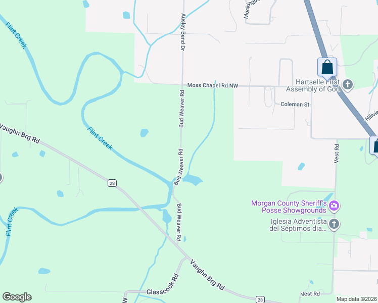 map of restaurants, bars, coffee shops, grocery stores, and more near Bud Weaver Road in Hartselle